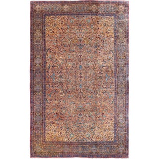Classic Colorful Antique Large Lavar Kerman Rug in Salmon Background For Sale