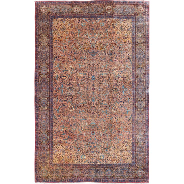 Classic Colorful Antique Large Lavar Kerman Rug in Salmon Background For Sale