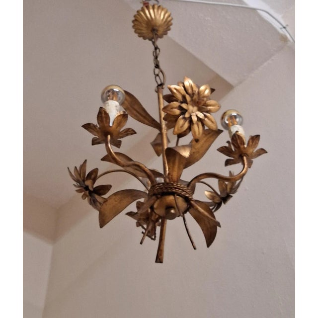 Vintage Chandelier in a Floral Design Made of Gold-Colored Metal, 1970s For Sale - Image 6 of 7