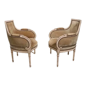 Pr French Style Carved Wood Bergere Chairs in Suede With Studded Nailhead Trim
