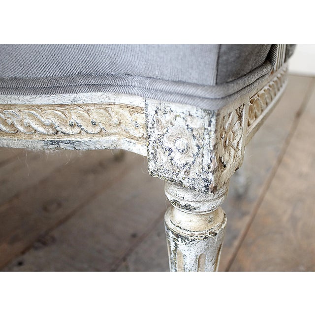 19th Century Painted and Upholstered Louis XVI Style Open Arm Fauteuils - a Pair For Sale - Image 12 of 13