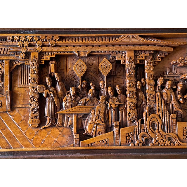 Mid 20th Century Mid 20th Century Mid-Century Modern Style Hand-Carved Asian Scene Coffee Table With Glass Top & Hidden Drawer For Sale - Image 5 of 10