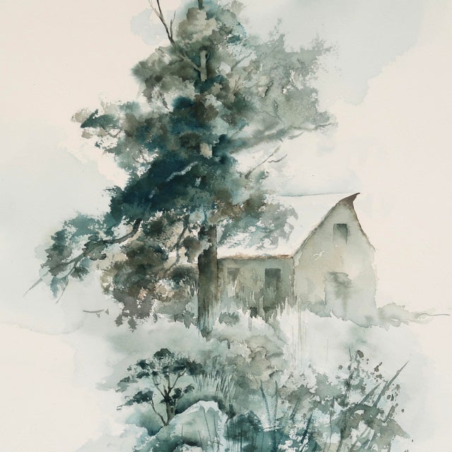 Contemporary Late 20th Century Original Landscape Watercolor by Tulsa Artist Ellen Shannon – Tree, House & Reflection Scene For Sale - Image 3 of 15