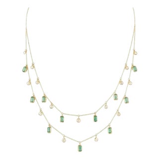 18k Solid Gold Emerald & Diamond Double Layered Charm Necklace for Women For Sale