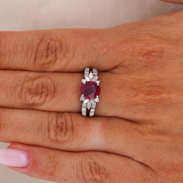 Gia Certified 2 Carat Burma Ruby Diamond Platinum Cocktail Ring, Size 5.75 For Sale - Image 11 of 13