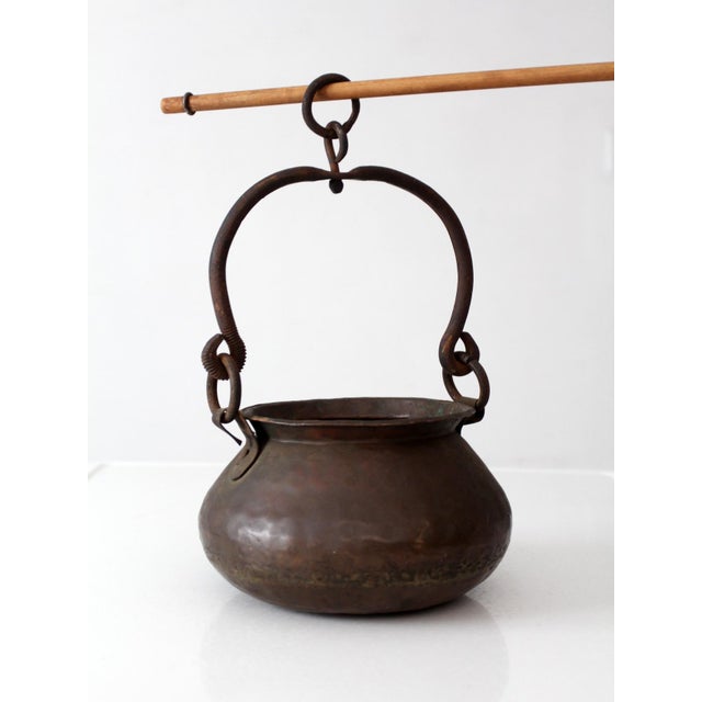 Antique Hand Hammered Copper Hearth Pot With Iron Swing Handle For Sale - Image 9 of 14