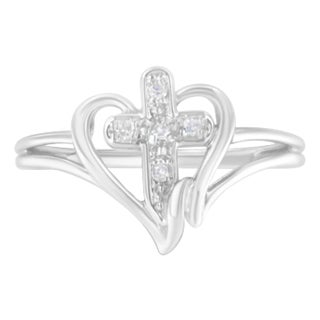 10K White Gold Diamond-Accented Cross & Open Heart Promise Fashion Ring (H-I Color, I1-I2 Clarity) - Size 7 For Sale