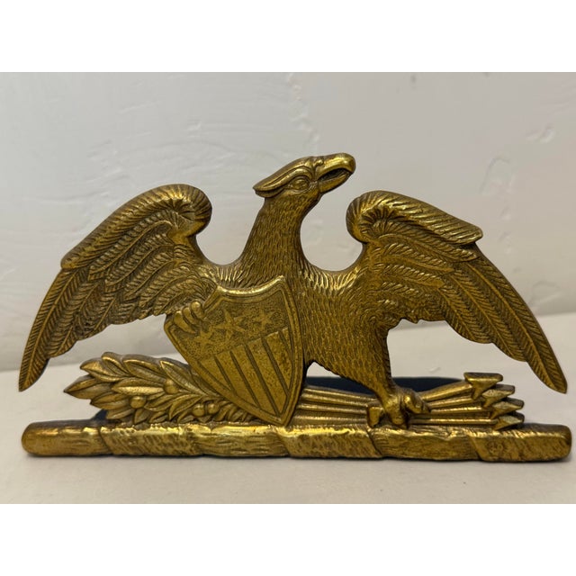 1950s Vintage Virginia Metal Crafters 1952 Solid Brass Spread Eagle Book Ends Patriotic For Sale - Image 5 of 10