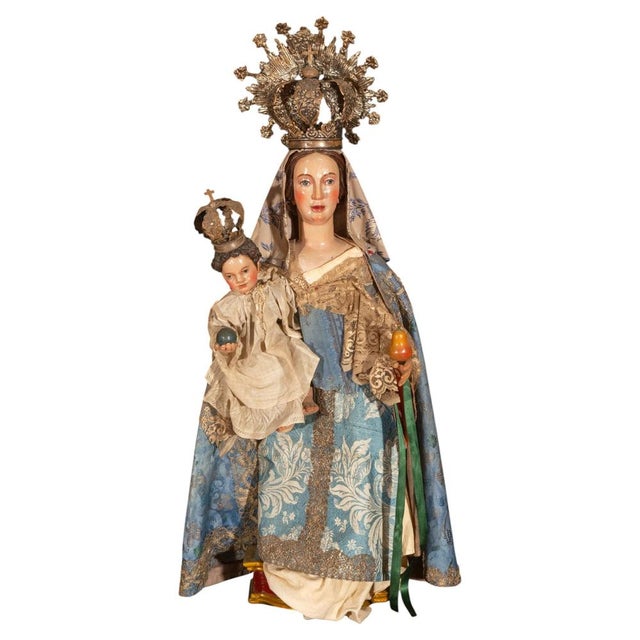 17th Century Baroque Spanish Virgin and Child Figure with Silver Crown For Sale - Image 10 of 10