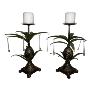 Vintage 1970s Pineapple Metal Brass Candle Holders Glass Teardrops Tropical Candle Holders - a Pair