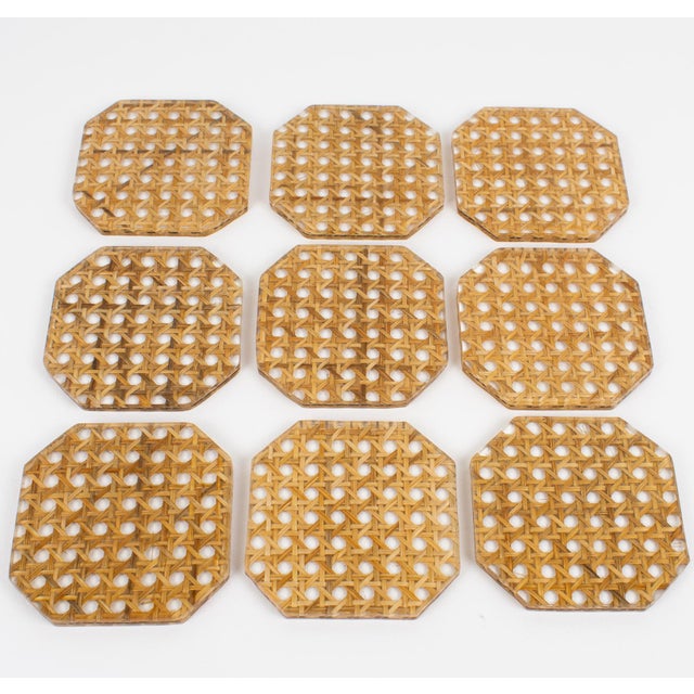 Christian Dior 1970s Christian Dior Collection Lucite and Rattan Cocktail Coasters Set - 9 pieces For Sale - Image 4 of 10