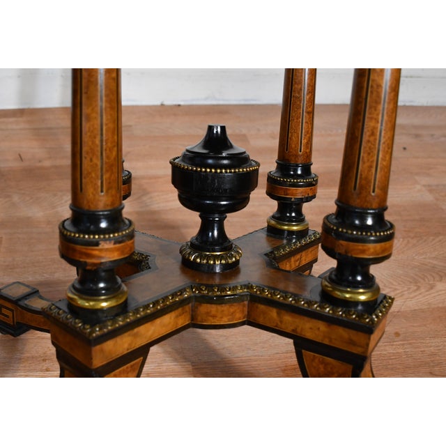 Wood 19th Antique Victorian Oval Center Table With Burl Wood Walnut Top & Ebonized Accents For Sale - Image 7 of 16