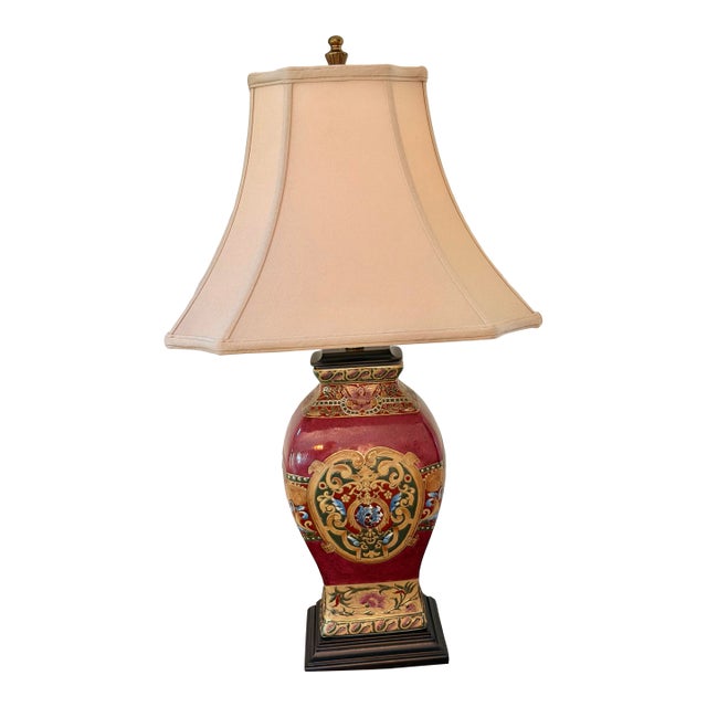 Late 20th Century Hand-Painted Oxblood Red Asian Chinoiserie Ceramic Table Lamp With Shade For Sale