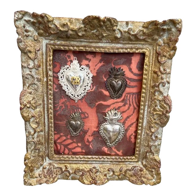 Late 19th Century Italian Silver Hearts Framed in Gold Frames With Background Cloth in Fortuny Fabric For Sale