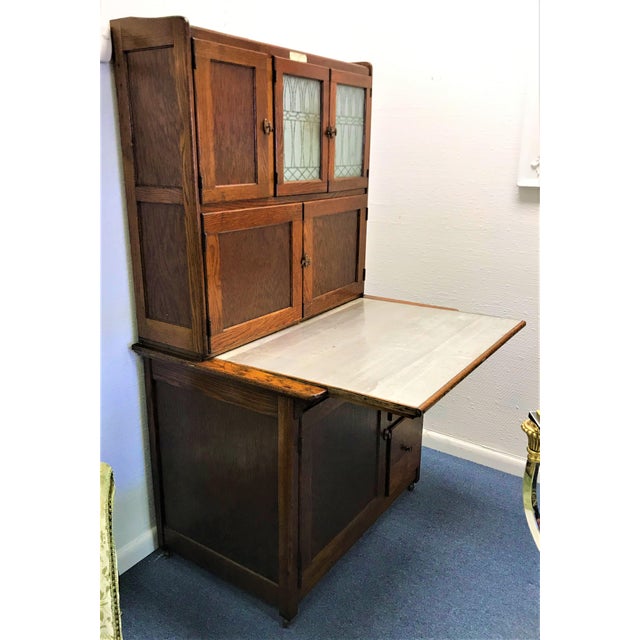 Antique Oak Hoosier With Original Makers Tag, Glass Doors and