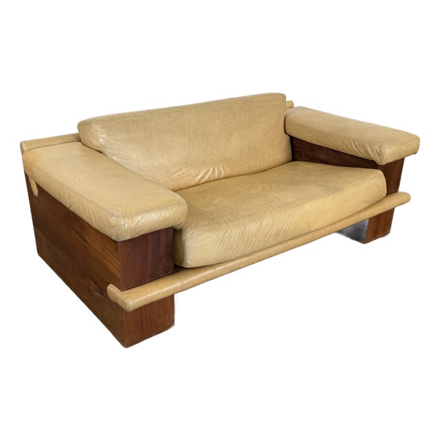 Vintage 1980’s Italian and Walnut Sculptural Leather Loveseat For Sale