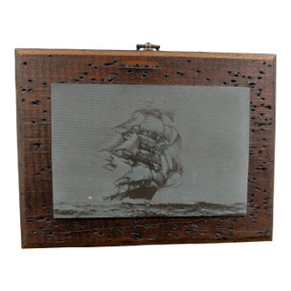 Vintage Ship Etched Art in Woodworm Wooden Frame, Nautical Maritime Wall Decor, Rustic Tall Ship Wood Framed Art, Coastal Home Decor, Sailing Gift For Sale