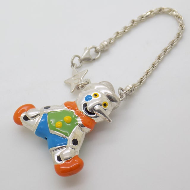 1980s Vintage Italian Handmade Sterling Silver 925 Children Bracelet with Large Pinocchio Pendant, 1980s For Sale - Image 5 of 12