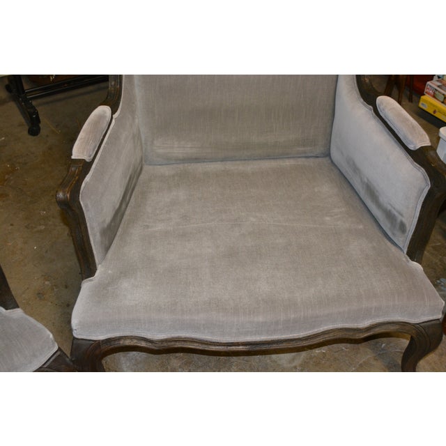 Rustic European Restoration Hardware Pair Lorraine Gray Velvet Wing Back Bergere Arm Chairs W/ Wood Surround For Sale - Image 3 of 17