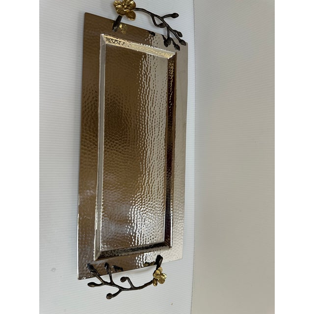 Michael Aram Sign Gold Plated Orchid Flowers Hammered Silver Tone Shine Serving Tray 17"x 7" For Sale In New York - Image 6 of 18
