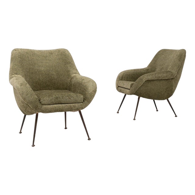 1960s French Green Art Deco Upholstered Armchairs - A Pair For Sale