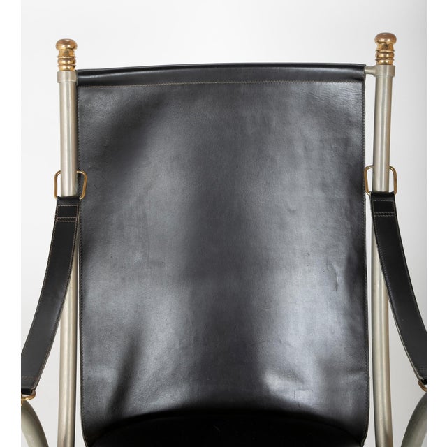 Mid-Century Modern Maison Jansen Brushed Steel and Brass Campaign Armchair For Sale - Image 3 of 12