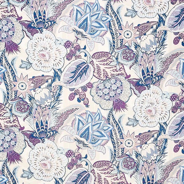 Schumacher Zanzibar Linen Print Fabric in Hyacinth For Sale