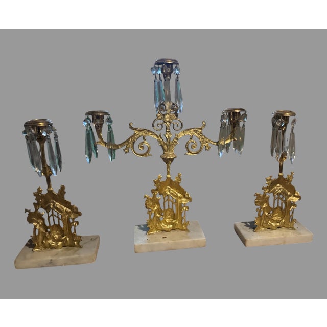 Antique 3pc Bear Beehive Girandole Candelabra Set Gilt Brass Crystal Marble For Sale - Image 10 of 10