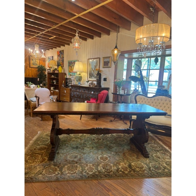 Gothic Antique Carved Trestle Table For Sale - Image 3 of 15