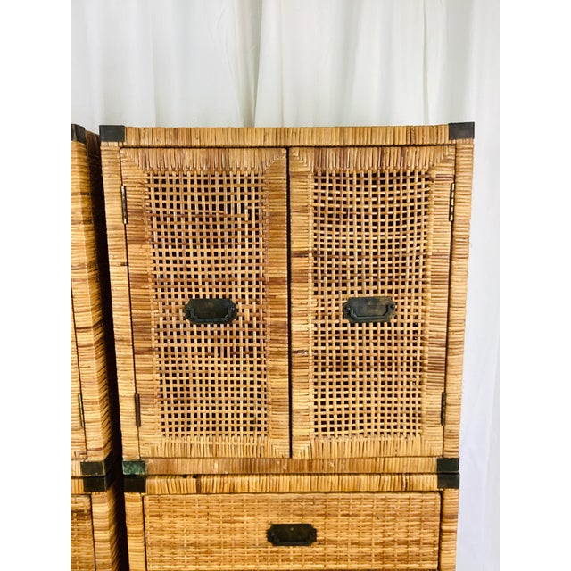 Campaign Vintage Pair of Woven Rattan Chest on Chest Dressers Boho Chic Campaign Style For Sale - Image 3 of 15