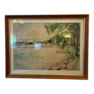 Original Watercolor Lake Painting Mid Century 1954 Framed by Mary O Strouse For Sale