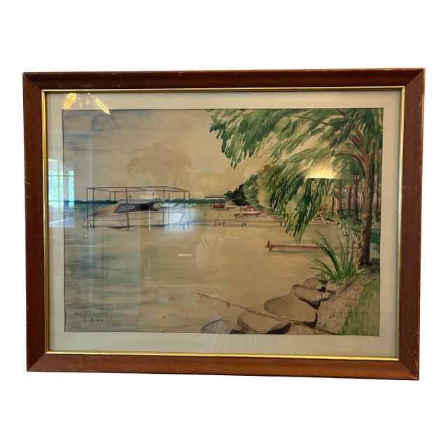 Original Watercolor Lake Painting Mid Century 1954 Framed by Mary O Strouse For Sale