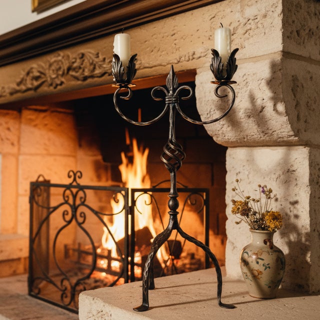 Rustic Hand Forged Iron Candelabra 25″ (63cm) Antique Copper Finish 2-Arm Royal Fleur-de-Lis Mantel Centerpiece For Sale - Image 3 of 6