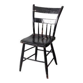 Antique Primitive Black Plank Seat Chair For Sale