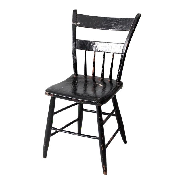 Antique Primitive Black Plank Seat Chair For Sale