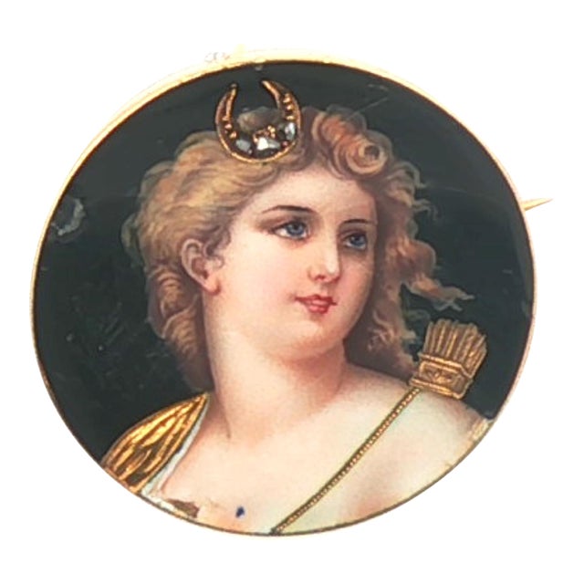Diana the Huntress Hand Painted Victorian Enamel Pin For Sale