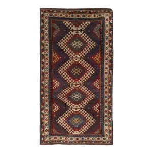 Antique Kazak Handmade Wool Geometric Gold, Ivory, Navy & Light Blue Rug