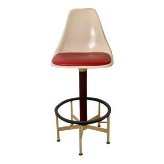 1960s Burke Mid-Century Modern Swivel White Red Vinyl Drafting Stool For Sale
