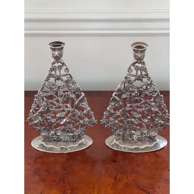 1990s Vintage Pair of Silverplate Christmas Tree Candle Holders For Sale - Image 5 of 12