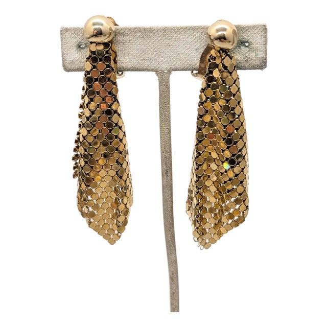 Vintage 1970s Signed Napier Goldtone Mesh Drop Clip Earrings-2 Pieces For Sale
