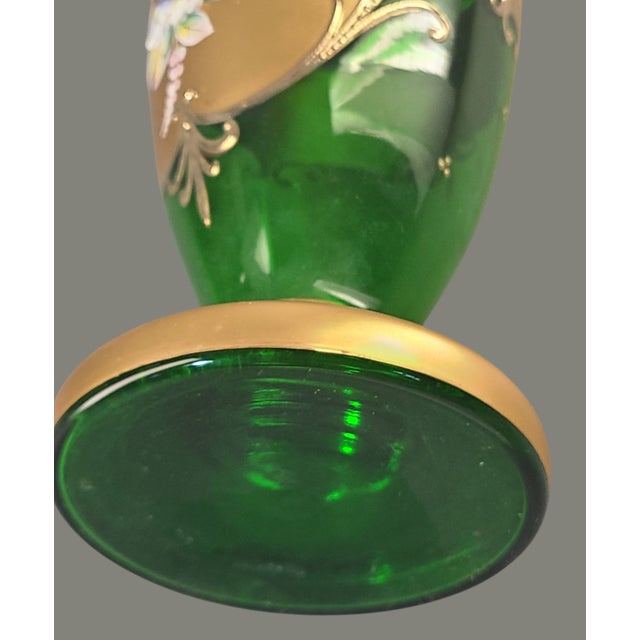 Vintage Bohemian Heavily Gilded High Enamel Floral Green Crystal Art Glass Vase For Sale - Image 10 of 11