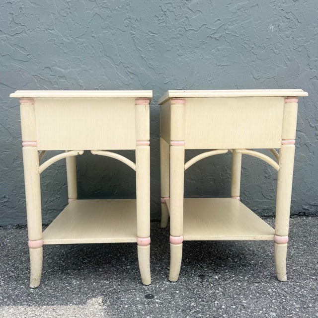 Mid 20th Century Vintage Coastal Faux Bamboo Cream and Pink Nightstands by Thomasville - A Pair For Sale - Image 5 of 9