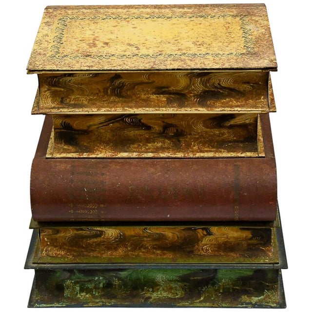 Vintage Italian Tole Stacked Books End Table With Hand-Painted Faux Book Design - Metal For Sale - Image 4 of 9