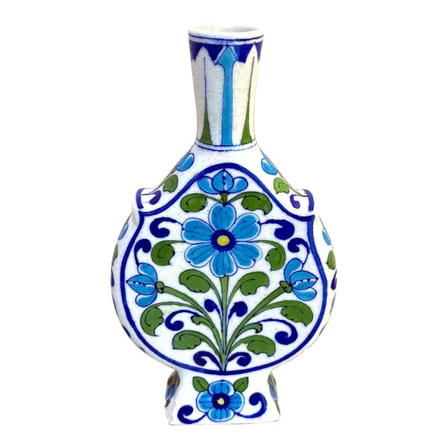 Blue/Green Ceramic Floral Indian Vase For Sale