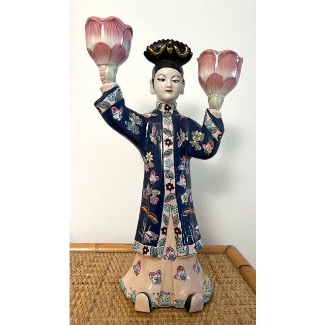 Chinese Export Famille Rose Figural Candlestick Lotus Candle Holder For Sale In Miami - Image 6 of 11