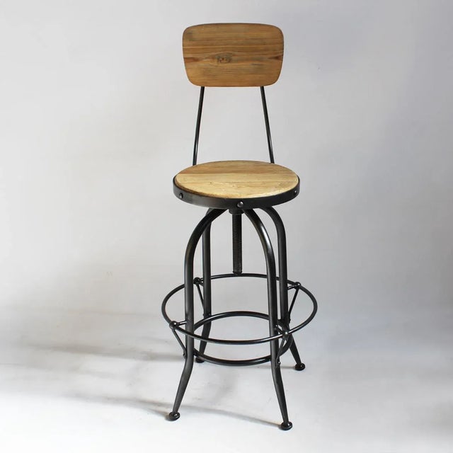 Farmhouse Wood & Iron Adjustable Stool W/ Seatback For Sale - Image 4 of 6