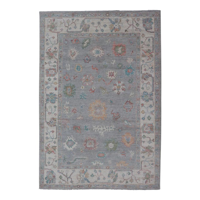 Hand Knotted Floral Modern Oushak With Light Gray Background and Multi-Colors For Sale