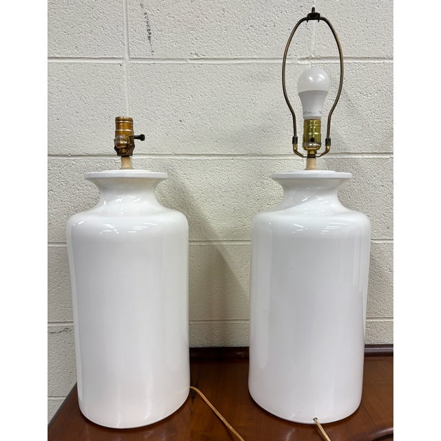 Vintage Ceramic Jar Bucket Urn Lamps, Flat White Glazed - Pair For Sale - Image 9 of 11