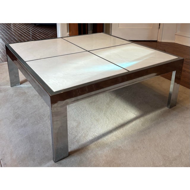 1970s Leon Rosen for Pace Collection Coffee Table in Steel With Portuguese Marble Top For Sale - Image 5 of 6