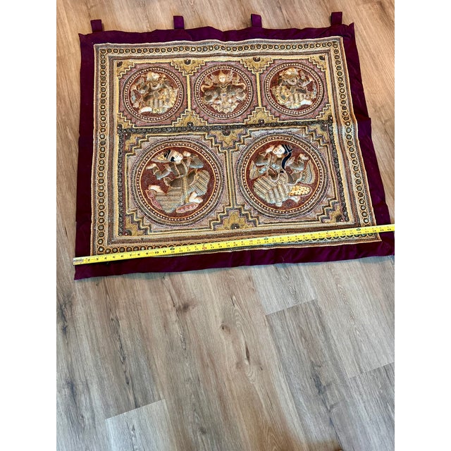 Vintage Burmese Kalaga Embroidered Tapestry With Five Figural Medallions, 40" X 37" For Sale - Image 17 of 18